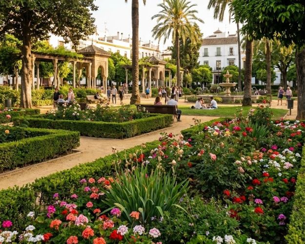 Vista panorámica de un parque en Sevilla con jardines florales y arquitectura clásica