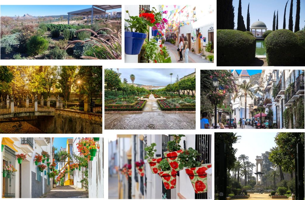 Collage de jardines y paisajes andaluces, incluyendo pueblos floridos y calles pintorescas.